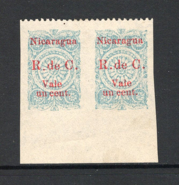 NICARAGUA - 1922 - VARIETY: 1c on pale blue 'Revenue' stamp without inscription produced to pay the 1c Obligatory Tax for the Post Office Rebuilding Fund, a fine unused pair with variety IMPERF BETWEEN. (SG 481 variety, Maxwell #PT24b)  (NIC44177)