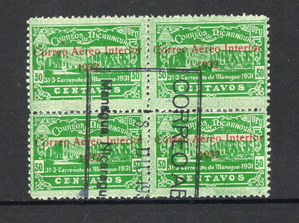 NICARAGUA - 1932 - MULTIPLE: 50c green 'Fund for the G.P.O. Reconstruction following the Earthquake' AIR issue with 'Correo Aereo Interior 1932' overprint in red, a fine used block of four with boxed MANAGUA cancel dated 8 DIC 1932. Small thin on reverse of one stamp. (SG 703)  (NIC44178)