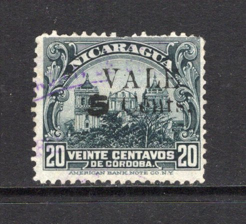 NICARAGUA - 1919 - PROVISIONAL ISSUE: 'VALE 5 Cents' on 20c slate grey first 'Bluefields' PROVISIONAL issue with overprint 'Type H' a good lightly used copy. Some ragged perfs at top. Very scarce. (SG 437)  (NIC44180)