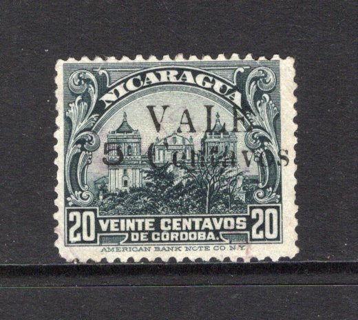 NICARAGUA - 1919 - PROVISIONAL ISSUE: 'VALE 5 Centavos' on 20c slate grey first 'Bluefields' PROVISIONAL issue with overprint 'Type D' a fine lightly used copy. Very scarce. (SG 435c)  (NIC44181)