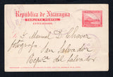 NICARAGUA - 1903 - POSTAL STATIONERY & DESTINATION: 2c red 'Momotombo' TRAIN postal stationery card (H&G 48) used with light MANAGUA oval cancel in purple. Addressed to SAN SALVADOR, EL SALVADOR with oval CORINTO transit mark, ACAJUTLA transit cds and oval SAN SALVADOR arrival mark all on front.  (NIC45477)