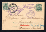 NICARAGUA - 1907 - INCOMING MAIL & INCORRECT ADDRESS: Incoming German 5pf green on buff postal stationery card (H&G 73) used with added 1905 5pf green (SG 84) tied by COLN cds's dated 10.8.1907. Addressed incorrectly to 'Monsieur Professeur Salvador Barbereno Diaz, Granada, Salvador, America Central' with NEW ORLEANS transit cds and SAN SALVADOR arrival cds dated 8 SET 1907 on front with two line ''EXTRAVIADO SAN SALVADOR C.A.' marking alongside. The 'Salvador' in the address has subsequently been erased i