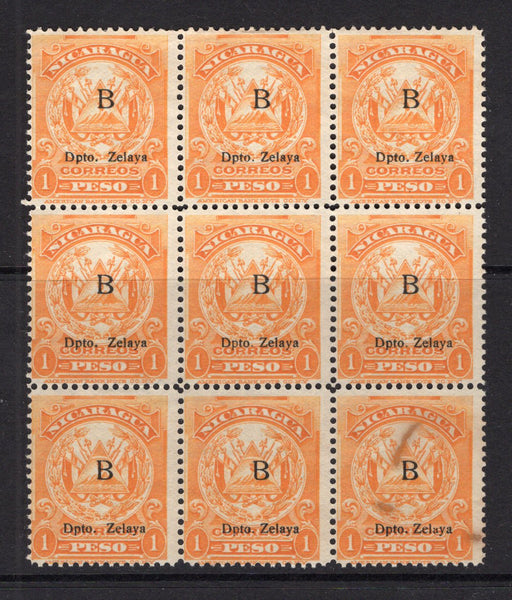 NICARAGUA - ZELAYA - 1910 - MULTIPLE: 1p yellow 'Arms' issue with 'B Dpto Zelaya' overprint a fine unused block of nine. (SG B92)  (NIC/4945)