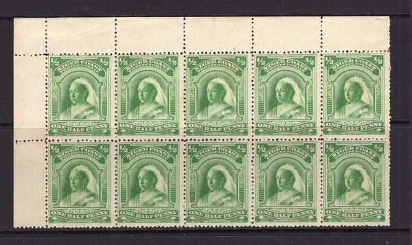 NIGERIA - NIGER COAST PROTECTORATE - 1894 - MULTIPLE: ½d yellow green QV issue, No watermark, perf 14½-15, a fine mint corner marginal block of ten. (SG 51)  (NIG/14835)