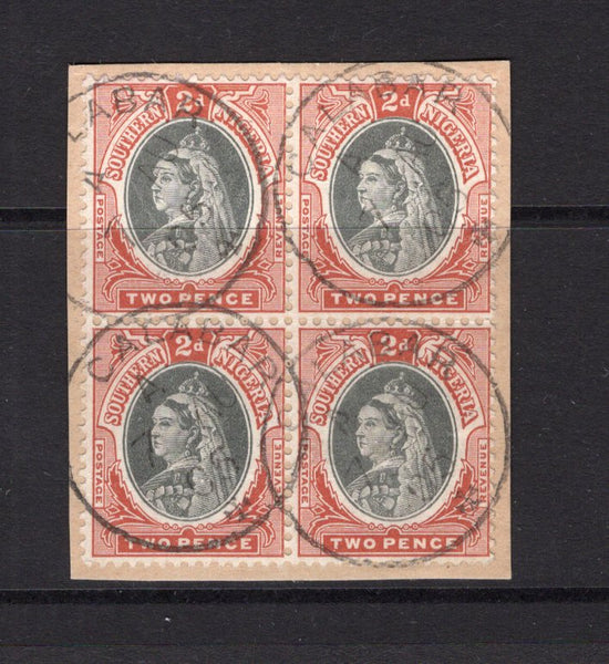 NIGERIA - SOUTHERN NIGERIA - 1901 - MULTIPLE: 2d black & red brown QV issue, a fine used block of four tied on piece by multiple strikes of CALABAR cds dated 7 AUG 1905. (SG 3)  (NIG/14851)