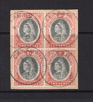 NIGERIA - SOUTHERN NIGERIA - 1901 - MULTIPLE: 2d black & red brown QV issue, a fine used block of four tied on piece by multiple strikes of CALABAR cds dated 7 AUG 1905. (SG 3)  (NIG/14851)