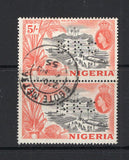 NIGERIA - 1953 - PERFIN: 5/- black & red orange QE2 issue, a fine pair both with 'N.R.C.' PERFIN of the 'Nigerian Railway Corporation' used with single EBUTE METTA cds dated 1955. (SG 78)  (NIG/14870)