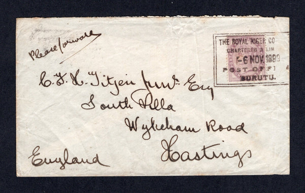 NIGERIA - NIGER COMPANY TERRITORIES - 1899 - GREAT BRITAIN USED IN NIGERIA & CANCELLATION: Cover franked with Great Britain 1881 1d lilac QV issue (SG Z57) tied by superb complete strike of large boxed THE ROYAL NIGER COMPANY CHARTERED & LIMITED POST OFFICE BURUTU marking in black (BURUTU in serifed letters) dated 6 NOV 1899. Addressed to UK with arrival cds on reverse. Fine & scarce.  (NIG/21798)