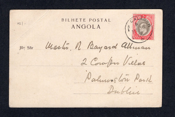 NIGERIA - SOUTHERN NIGERIA - 1905 - EVII ISSUE: Black & white Angolan PPC 'Loanda-arredores, Morro da Cruz' franked on message side with 1904 1d grey black & carmine EVII issue (SG 22) tied by fine CALABAR cds. Addressed to IRELAND.  (NIG/21809)