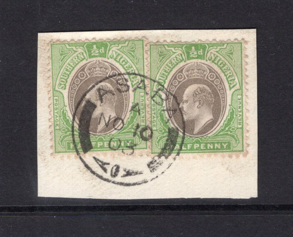 NIGERIA - SOUTHERN NIGERIA - 1903 - CANCELLATION: ½d grey black & pale green EVII issue two copies used on piece tied by a superb strike of ASABA cds dated NOV 10 1903. A scarce cancel. (SG 21)  (NIG/28907)