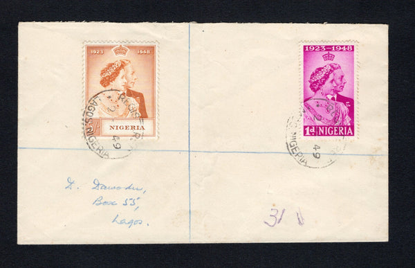 NIGERIA - 1949 - SILVER WEDDING ISSUE: Registered cover franked with 1948 1d bright purple and 5/- brown orange GVI 'Silver Wedding' issue (SG 62/63) tied by oval REGISTERED LAGOS cancels dated 2 - I - 1949. Addressed locally.  (NIG/42090)