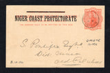 NIGERIA - NIGER COAST PROTECTORATE - 1897 - POSTAL STATIONERY & CANCELLATION: 1d vermilion on buff QV postal stationery card of Great Britain with 'NIGER COAST PROTECTORATE' overprint in black (H&G 3) datelined 'Eket' on reverse used with good strike of QUA IBOE RIVER cds dated 8 OC 1902 (with '2' of year inverted). Addressed internally to OLD CALABAR with arrival cds on reverse. The card has some neat (possibly contemporary) manuscript notations on front & reverse but a very rare cancellation on cover.  (