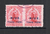 NIUE - 1902 - VARIETY: 1d carmine 'Universal' issue a fine used pair with red cds and variety SPACED U & E on right hand stamp. (SG 9 & 9b)  (NIU/2257)