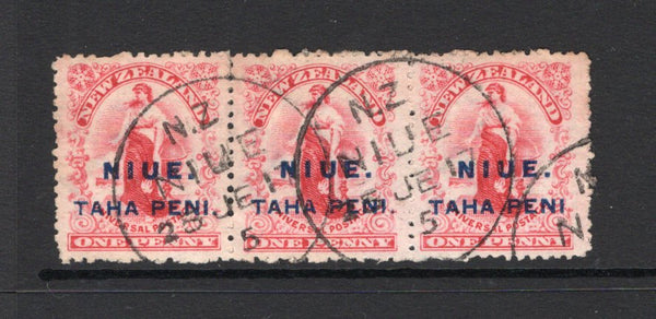 NIUE - 1902 - MULTIPLE & VARIETY: 1d carmine 'Universal' issue, a fine strip of three with variety NO STOP AFTER PENI on right handstamp, used with two strikes of NIUE cds dated 25 JUN 1917. (SG 9 & 9c)  (NIU/23388)