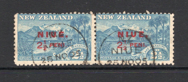 NIUE - 1902 - MULTIPLE: 2½d blue 'Lake Wakatipu' issue with 'NIUE' overprint, a fine used pair with two strikes of NIUE cds dated 25 NOV 1905. (SG 2)  (NIU/23390)