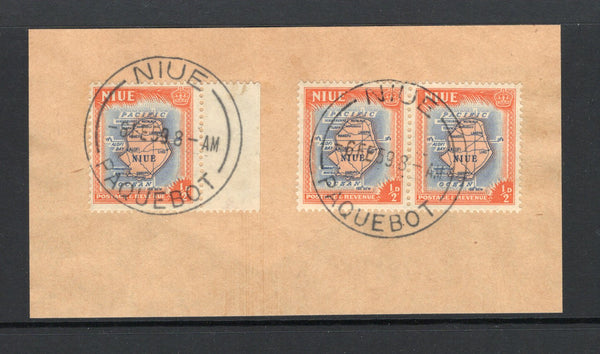 NIUE - 1950 - CANCELLATION: ½d orange & blue 'Map of Niue' issue a pair and single tied on large piece by two fine strikes of large NIUE PAQUEBOT cds dated 6 FE 1959. (SG 113)  (NIU44246)