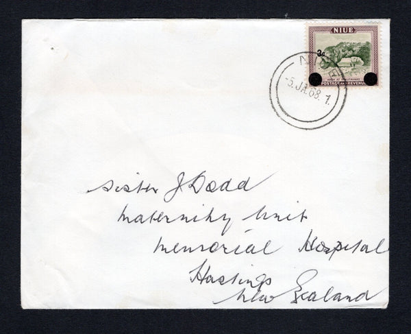 NIUE - 1968 - NEW CURRENCY ISSUE: Commercial cover franked with single 1967 3c on 4c olive green & purple brown (SG 129) tied by fine NIUE cds dated 5 JA 1968. Addressed to NEW ZEALAND.  (NIU44247)