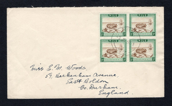 NIUE - 1950 - DEFINITIVE ISSUE: Cover franked with block of four 1950 1d brown & blue green 'HMS Resolution' issue (SG 114) cancelled by central NIUE cds dated 3 JL 1950. Addressed to UK.  (NIU44248)
