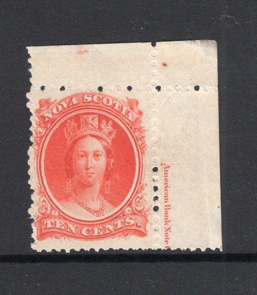 NOVA SCOTIA - 1860 - QV ISSUE: 10c vermilion on white paper QV issue, a fine mint corner marginal copy. (SG 28)  (NOV/14975)