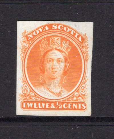 NOVA SCOTIA - 1860 - PROOF: 12½c orange yellow QV issue, a fine IMPERF PLATE PROOF on thin white paper in unissued colour. Ex ABNCo. archive. (As SG 17)  (NOV/14976)