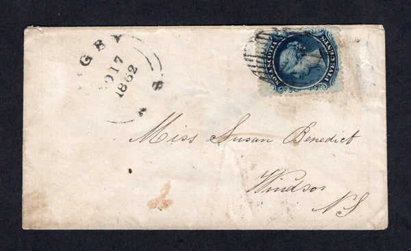 NOVA SCOTIA - 1862 - CLASSIC ISSUES: Cover franked with single 1860 5c deep blue on yellowish QV issue (SG 13) tied by 'Barred' cancel with DIGBY cds alongside dated NOV 17 1862. Addressed to WINDSOR with arrival cds on reverse. A scarce issue on cover.  (NOV/30631)