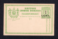 NORTH BORNEO - 1892 - POSTAL STATIONERY: '1 CENT' on 8c green on white postal stationery card (H&G 9). A fine unused example.  (NRB/21842)