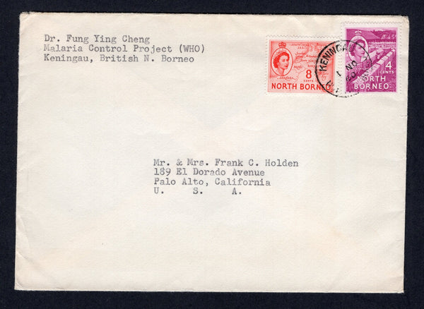 NORTH BORNEO - 1960 - CANCELLATION: Cover with typed 'Malaria Control Project (WHO), Keningau' in corner franked with 1954 4c bright purple & 8c scarlet QE2 issue (SG 375 & 377) tied by fine KENINGAU cds. Addressed to USA.  (NRB/2196)