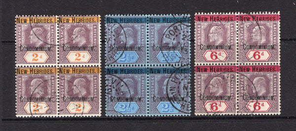 NEW HEBRIDES - 1908 - MULTIPLE: 2d dull purple & orange, 2½d dull purple & blue on blue and 6d dull purple & carmine EVII issue, all in fine used blocks of four with PORT VILA NELLES HEBRIDES or VILA NEW HEBRIDES cds's. (SG 5/6 & 8)  (NWH/14753)