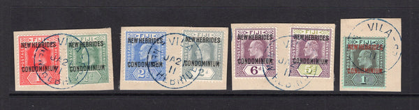 NEW HEBRIDES - 1910 - EVII ISSUE: 'EVII' overprint issue, the set of seven tied on small pieces by fine VILA NEW HEBRIDES cds's in blue dated JAN 21 1911. (SG 10/16)  (NWH/24223)