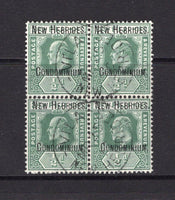 NEW HEBRIDES - 1908 - MULTIPLE: ½d green EVII issue a fine used block of four with two strikes of VILA NEW HEBRIDES cds dated MAR 25 1912. (SG 1b)  (NWH/36792)