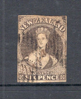 NEW ZEALAND - 1862 - CANCELLATION: 6d black brown QV 'Chalon' issue, a good copy with four tight margins used with part barred cancel and 'PUARUA' (?) manuscript cancel. (SG 41)  (NZL/41880)