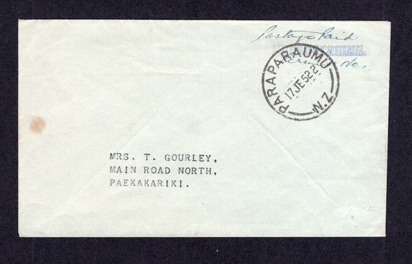 NEW ZEALAND - 1952 - STAMPLESS MAIL: Cover with manuscript 'Postage Paid Permit No.1' and straight line 'Gothic' PARAPARAUMU handstamp in purple at top with fine strike of PARAPARAUMU cds dated 17 JUN 1952 alongside. Addressed to PAEKAKARIKI. Unusual.  (NZL/42029)