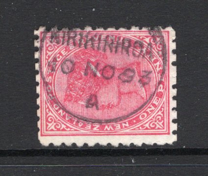 NEW ZEALAND - 1893 - CANCELLATION: 1d rose QV issue used with good strike of KIRIKIRIROA cds (Type A - rated scarcity 6 in Wooders) dated 10 NOV 1893. P.O. operated from 1872 - 1909 when it was closed. The stamp also shows variety 'Ellipse flaw' and has blue 'Beechams' advert on reverse. Scarce. (SG 218i)  (NZL/6730)