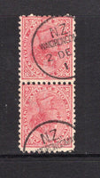 NEW ZEALAND - 1900 - CANCELLATION: 1d rose QV issue a fine used pair two part strikes of WAIORONGOMAI cds (Type A - rated scarcity 5 in Wooders) date unclear. This was the P.O. for the Gold mine operating from 1883 - 1926 when it closed. (SG 237)  (NZL/6760)