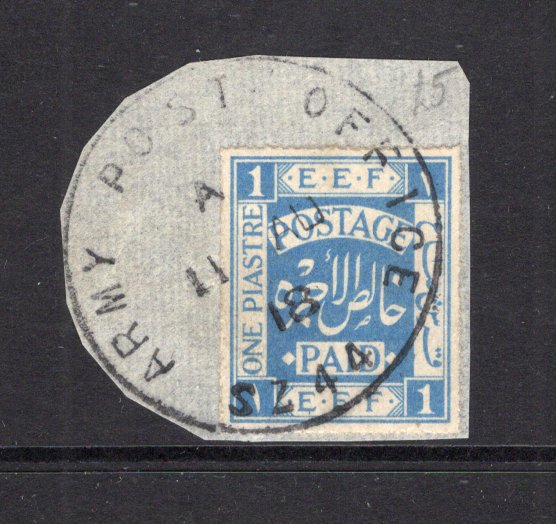 PALESTINE - 1918 - CANCELLATION: 1p ultramarine 'Rouletted' issue, a used copy tied on piece by fine strike of ARMY POST OFFICE SZ44 cds of JERUSALEM dated 11 AUG 1918. (SG 3)  (PAL/15183)