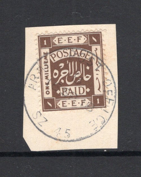PALESTINE - 1918 - CANCELLATION: 1m sepia 'E.F.F' issue, a used copy tied on piece by fine strike of ARMY POST OFFICE SZ45 cds of HAIFA dated 15 SEP 1918. (SG 5)  (PAL/15192)