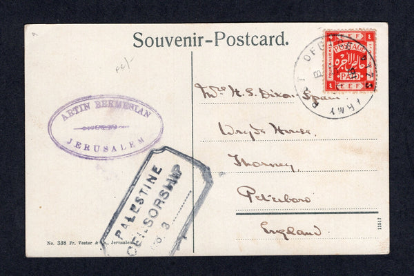 PALESTINE - 1918 - MILITARY MAIL & CANCELLATION: Coloured PPC 'Bethlehem Grotte of the Nativity' franked on message side with single 1918 4m scarlet (SG 8) tied by ARMY POST OFFICE SZ 44 cds dated7 SEP 1918 located in JERUSALEM with good strike of PALESTINE CENSORSHIP No. 3 cachet in black. Addressed to UK.  (PAL/21920)