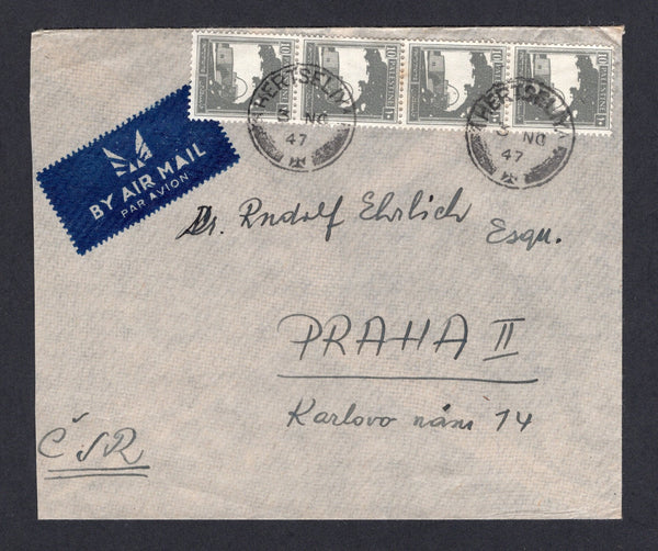 PALESTINE - 1947 - CANCELLATION: Airmail cover franked with strip of four 1927 10m slate (SG 97) tied by two strikes of HERTSELIYA cds. Addressed to CZECHOSLOVAKIA.  (PAL/21930)