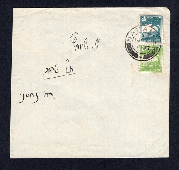 PALESTINE - 1937 - CANCELLATION: Cover franked with 1927 2m greenish blue and 3m yellow green (SG 90/91) tied by NAHALAL cds. Addressed to TEL AVIV with partial arrival cds on reverse. Cover trimmed at left.  (PAL/21932)