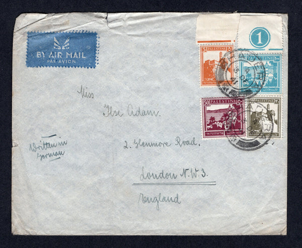 PALESTINE - 1941 - CANCELLATION: Airmail cover franked with 1927 5m orange, 20m dull olive green, 50m bright purple and 100m turquoise blue with '1' plate number in margin (SG 93, 99, 100a & 102) all tied by HADERA cds's. Addressed to UK.  (PAL/21943)