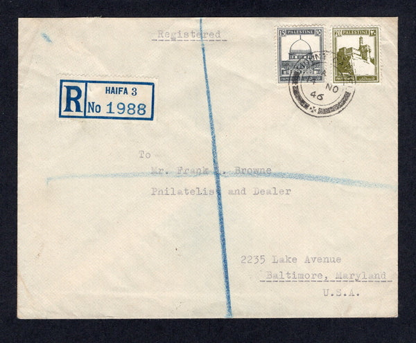 PALESTINE - 1946 - CANCELLATION & REGISTRATION: Registered cover franked with 1927 20m dull olive green and 1932 15m grey blue (SG 99 & 108a) tied by MOUNT CARMEL cds with blue & white printed 'HAIFA 3' registration label alongside. Addressed to USA with transit & arrival marks on reverse.  (PAL/21950)