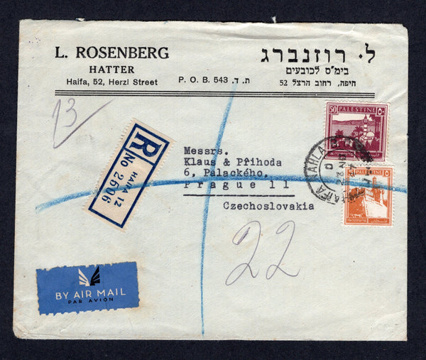 PALESTINE - 1947 - CANCELLATION & REGISTRATION: Registered airmail cover franked with 1927 5m orange and 50m bright purple (SG 93 & 100a) tied by HAIFA NAHLA B.O. cds with blue & white printed 'HAIFA 12' registration label alongside. Addressed to CZECHOSLOVAKIA with transit and arrival marks on reverse.  (PAL/21952)
