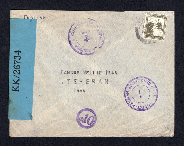 PALESTINE - 1940 - CENSORED MAIL & DESTINATION: Cover franked with single 1927 20m dull olive green (SG 99) tied by JAFFA cds. Censored with black on blue 'OPENED BY CENSOR KK/26734' label at left. Addressed to TEHERAN, PERSIA censored again on arrival with 'ANGLO-SOVIET-PERSIAN CENSORSHIP 1' cachet, equivalent Russian script type 'No.14' and small circular 'x10' mark all in purple on front and arrival cds on reverse.  (PAL/21961)