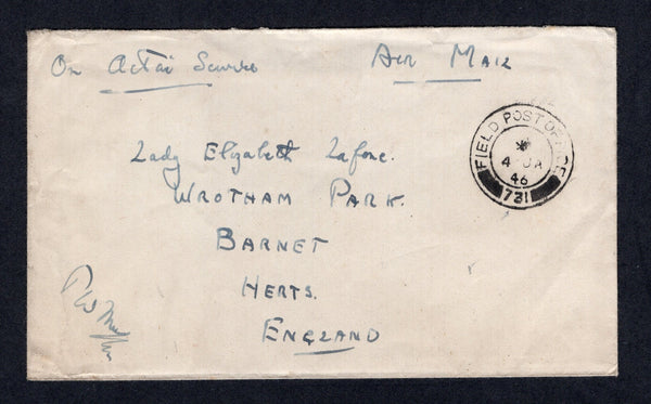 PALESTINE - 1946 - MILITARY MAIL: Stampless cover with manuscript 'On active service' on front and fine strike of FIELD POST OFFICE 731 cds dated 4 JAN 1946 located in HAIFA. Sent airmail to UK.  (PAL/21966)