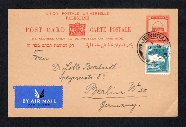PALESTINE - 1939 - POSTAL STATIONERY: 8m deep red on buff 'Dome of the Rock' postal stationery card (H&G 6) used with added 1927 2m greenish blue (SG 90) tied by JERUSALEM cds dated 9 MAR 1939. Sent airmail to GERMANY with blue airmail label on front.  (PAL/43144)