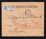 PALESTINE - 1933 - OFFICIAL MAIL & REGISTRATION: Stampless 'On His Majesty's Service' envelope with oval REGISTERED JERUSALEM cancel dated 15 JUN 1933 with printed blue on white formular registration label alongside. Addressed to AMMAN, JORDAN with circular 'CONTROLE VU' marking in purple on front plus various other official cachets plus transit and arrival marks on reverse.  (PAL/43145)