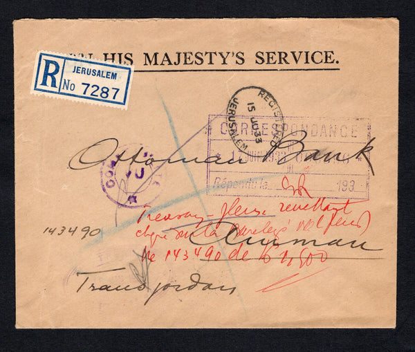 PALESTINE - 1933 - OFFICIAL MAIL & REGISTRATION: Stampless 'On His Majesty's Service' envelope with oval REGISTERED JERUSALEM cancel dated 15 JUN 1933 with printed blue on white formular registration label alongside. Addressed to AMMAN, JORDAN with circular 'CONTROLE VU' marking in purple on front plus various other official cachets plus transit and arrival marks on reverse.  (PAL/43145)