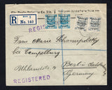 PALESTINE - 1924 - REGISTRATION: Registered cover franked with 1922 pair 3m greenish blue and 2 x 1p grey (SG 73 & 79) tied by oval REGISTERED HAIFA cancels dated 15 OCT 1924 with printed blue on white 'HAIFA 3' registration label alongside. Addressed to GERMANY with arrival mark on reverse.  (PAL/43151)