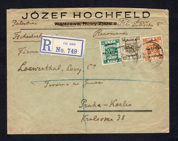 PALESTINE - 1925 - REGISTRATION & DESTINATION: Registered cover franked with 1922 6m blue green, 7m yellow brown and 2p olive (SG 76/77 & 81) tied by TEL AVIV cds's dated 30 JUL 1925 with printed blue on white 'TEL AVIV' registration label alongside. Addressed to CZECHOSLOVAKIA with transit mark on reverse.  (PAL/43152)