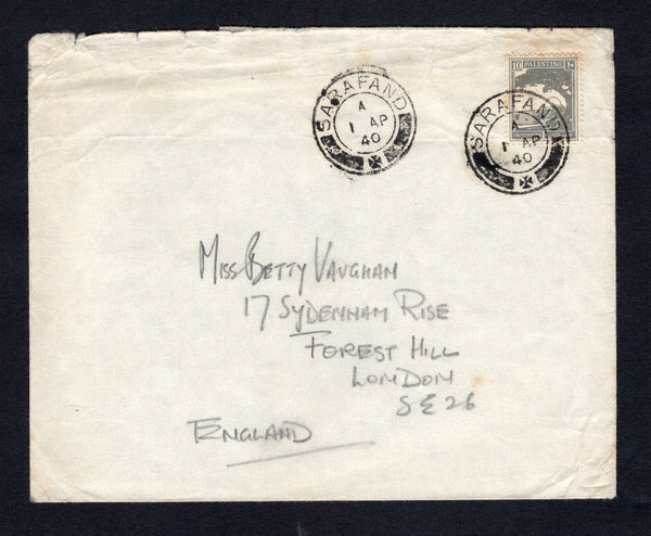 PALESTINE - 1940 - CANCELLATION: Cover franked with single 1927 10m slate (SG 97) tied by SARAFAND cds dated 1 AP 1940. Addressed to UK with arrival cds on reverse.  (PAL/43156)